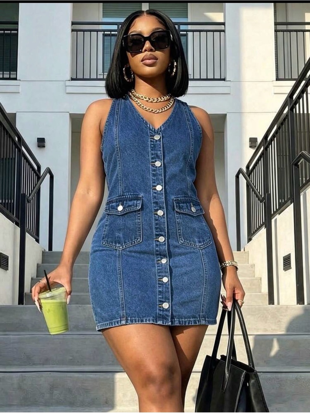 New Button Front Denim Mini Dress | Sleeveless | Medium Wash | Size L